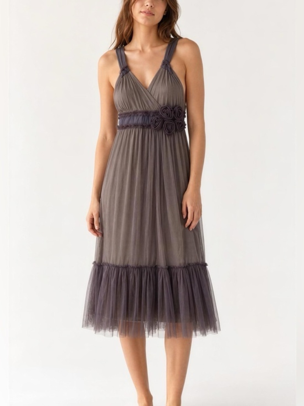 Moulinette Soeurs Dusty Gray Tiered Tulle Midi Dress with Rosette Accents